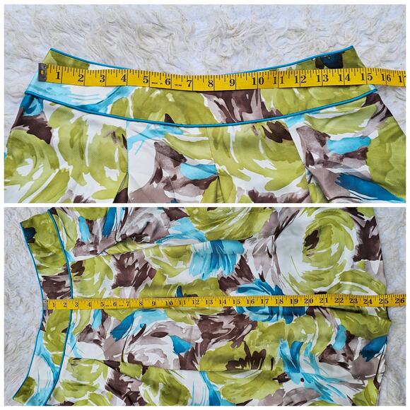 Floral Silk A-Line Skirt Talbots Size 4 Green Blue Brown Pleated Roses Flowers - Picture 6 of 8